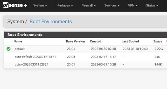 pfSense ZFS Boot Environments