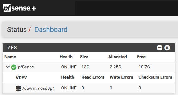 pfSense Dashboard ZFS